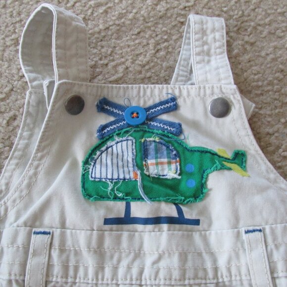 Bib Overalls Infant Boys 3-6M Tan Beige Snap Up Adjustable Helicopter Vehicles - Picture 5 of 10